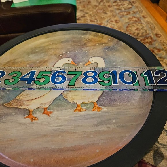 vintage 80s metal round tray 2 geese ducks w/blue bows - Picture 5 of 6
